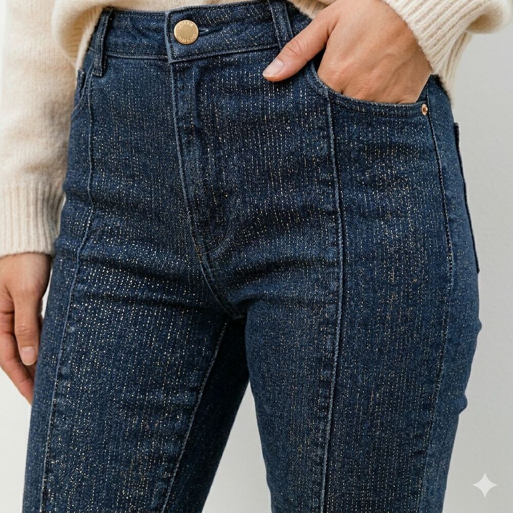 Anthropologie Pilcro High-Rise Denim Leggings Metallic Gold Shimmer Blue Size 32
